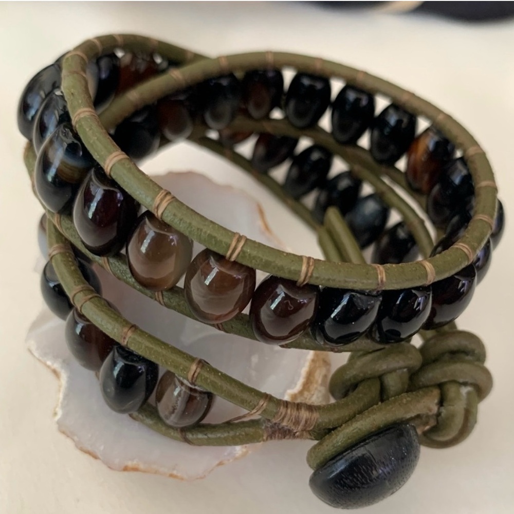 Hand made Agate stone leather wrap Brown and green Beaded Bracelet - Picture 3 of 13